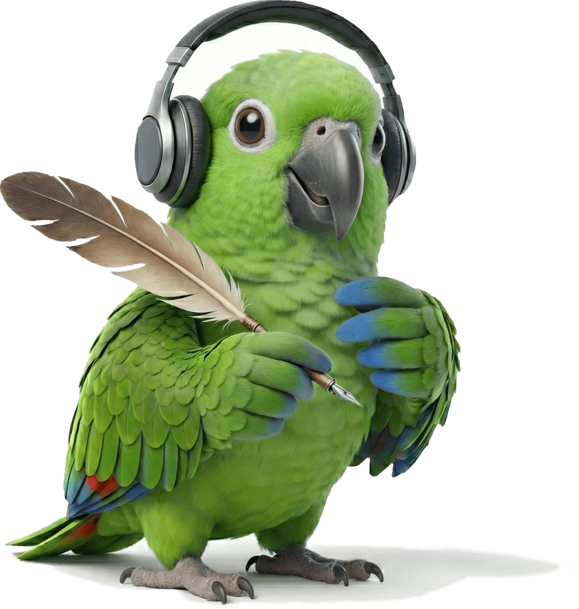 Lex the parrot writing on a cyberscroll, representing the transcription workflow