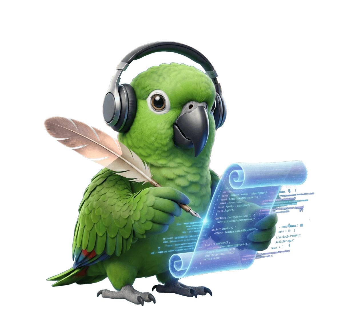 Lex the parrot mascot with quill and headphones, writing on a cyberscroll