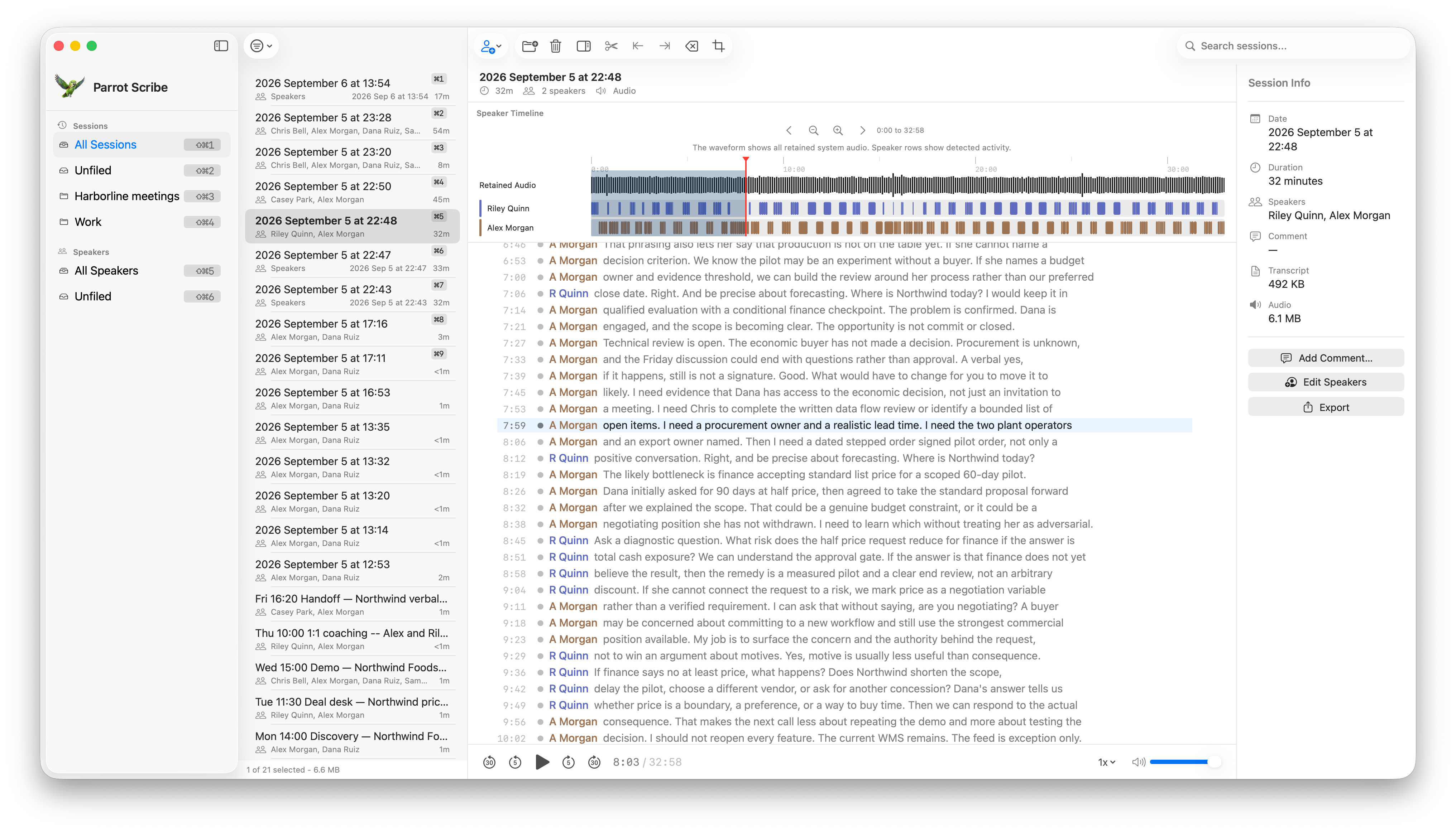 Parrot Scribe Library window with session list, transcript, and speaker timeline