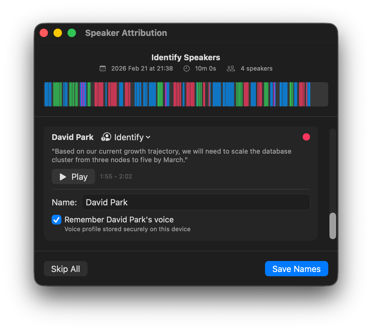 Speaker attribution view with remembered speaker labeling