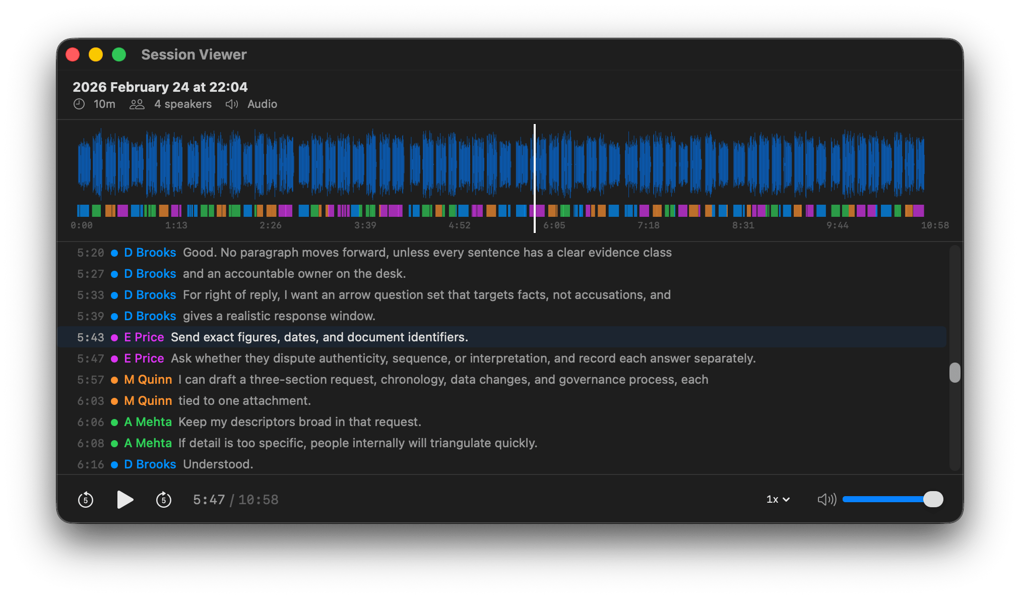 ParrotScribe Session Viewer showing transcript and speaker labels